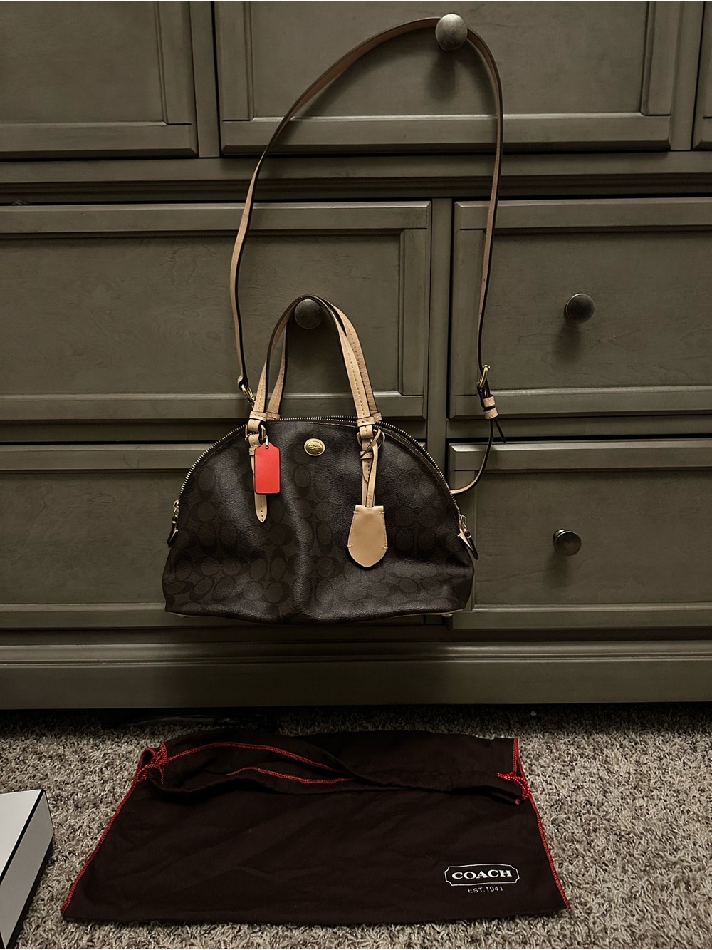 Coach Dark Brown Signature Dome Satchel with Tan Trim and Red Tag